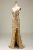 Robe de bal longue dorée sirène scintillante avec fente