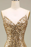 Robe de bal longue dorée sirène scintillante avec fente