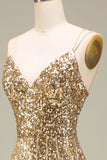 Robe de bal longue dorée sirène scintillante avec fente