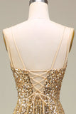 Robe de bal longue dorée sirène scintillante avec fente