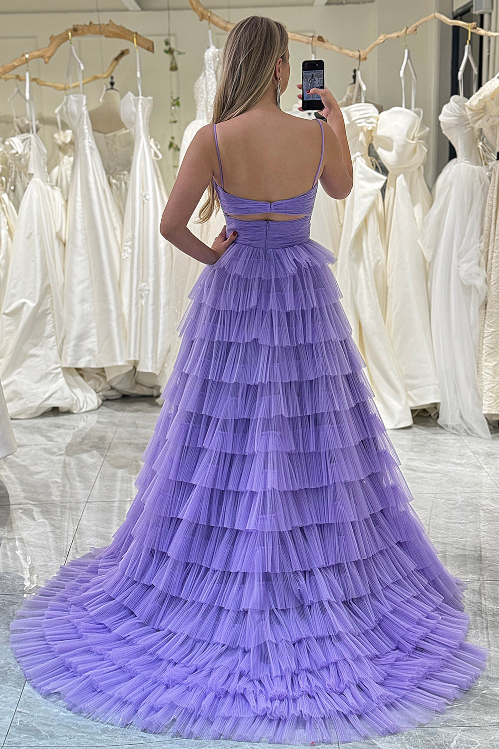 Purple Tulle A Line Long Tiered Prom Dress With Front Slit