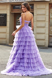 Tulle A-Line Violet Robe de bal longue à plusieurs niveaux avec fente