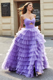 Tulle A-Line Violet Robe de bal longue à plusieurs niveaux avec fente