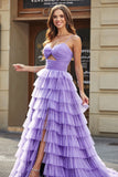 Tulle A-Line Violet Robe de bal longue à plusieurs niveaux avec fente