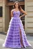 Tulle A-Line Violet Robe de bal longue à plusieurs niveaux avec fente