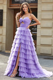 Tulle A-Line Violet Robe de bal longue à plusieurs niveaux avec fente