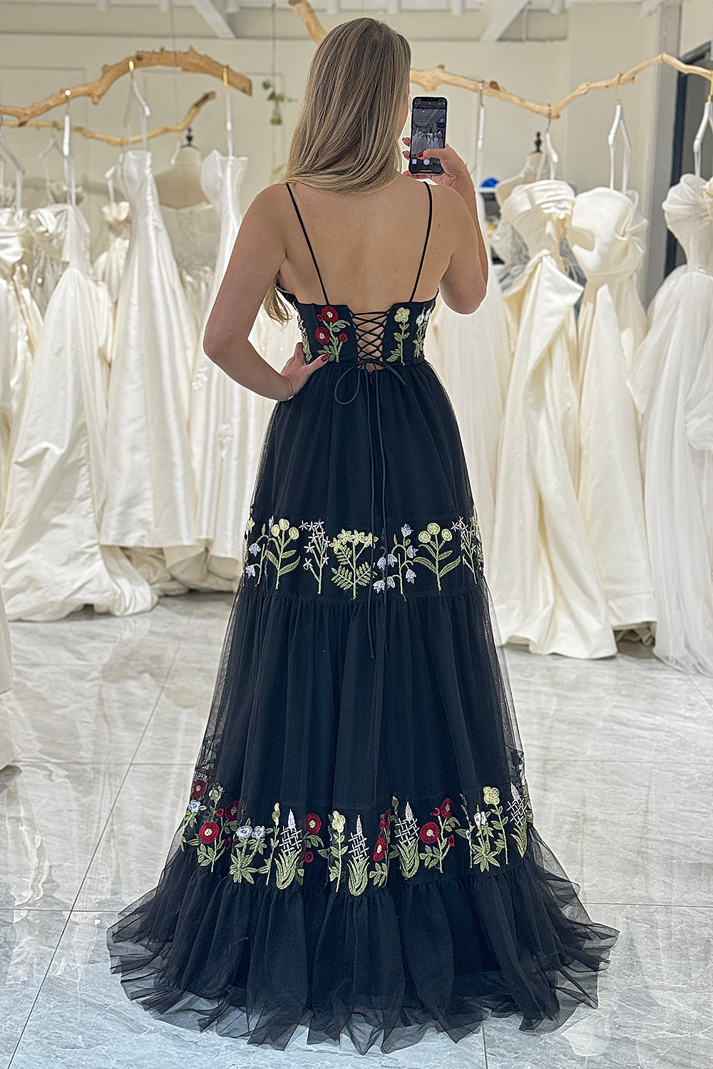 Black A Line Backless Long Prom Dress With Appliques