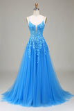 Robe de bal trapèze à bretelles spaghetti en tulle bleu avec appliques