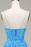 Robe de bal trapèze à bretelles spaghetti en tulle bleu avec appliques
