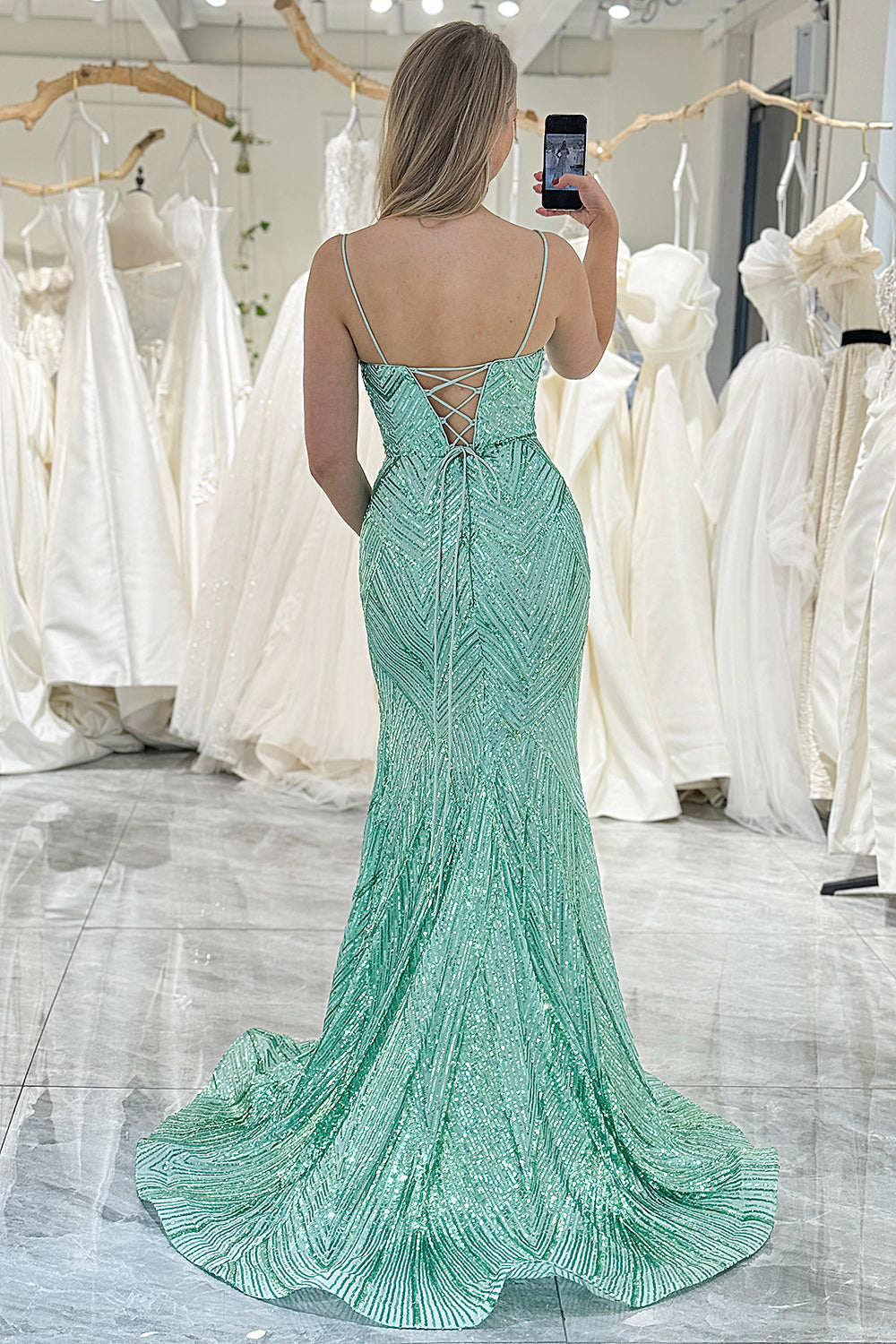 Sparkly Green Mermaid Long Prom Dress With Slit