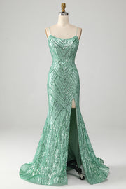 Paillettes vertes scintillantes Robe de bal longue sirène à lacets dos avec fente