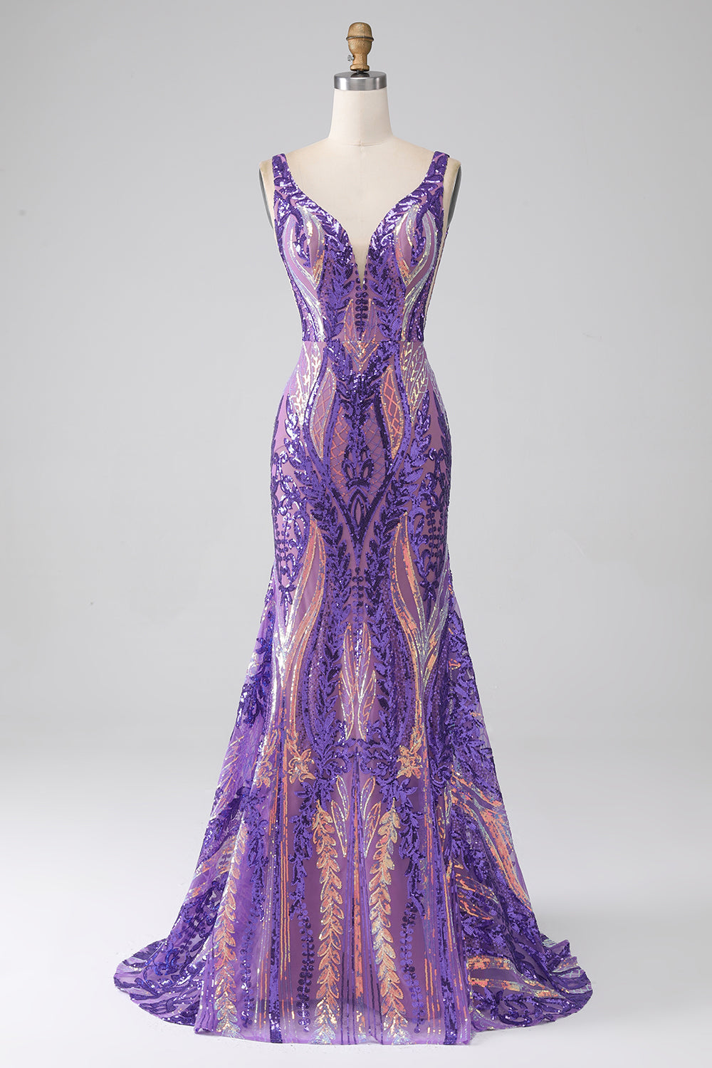 Robe de bal longue à paillettes à col en V sirène violet foncé