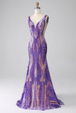 Robe de bal longue à paillettes à col en V sirène violet foncé