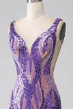 Robe de bal longue à paillettes à col en V sirène violet foncé