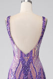 Robe de bal longue à paillettes à col en V sirène violet foncé