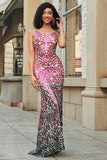 Superbe sirène bretelles spaghetti fuchsia paillettes longue robe de bal avec dos nu