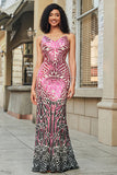 Superbe sirène bretelles spaghetti fuchsia paillettes longue robe de bal avec dos nu