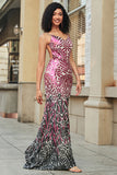 Superbe sirène bretelles spaghetti fuchsia paillettes longue robe de bal avec dos nu