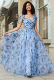 Robe de bal longue à bretelles réglables imprimée trapèze bleue