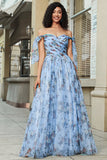 Robe de bal longue à bretelles réglables imprimée trapèze bleue