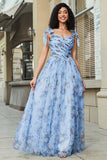 Robe de bal longue à bretelles réglables imprimée trapèze bleue
