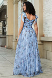 Robe de bal longue à bretelles réglables imprimée trapèze bleue