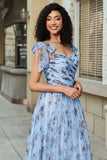 Robe de bal longue à bretelles réglables imprimée trapèze bleue
