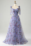 Robe de bal longue à bretelles réglables imprimée trapèze bleue