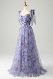 Robe de bal longue à bretelles réglables imprimée trapèze bleue