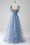 Robe de bal longue à bretelles réglables imprimée trapèze bleue