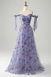 Robe de bal longue à bretelles réglables imprimée trapèze bleue