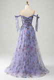 Robe de bal longue à bretelles réglables imprimée trapèze bleue