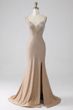 Champagne scintillant sirène spaghetti bretelles longue robe de bal avec fente