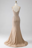 Champagne scintillant sirène spaghetti bretelles longue robe de bal avec fente