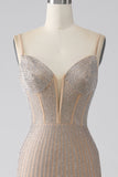 Champagne scintillant sirène spaghetti bretelles longue robe de bal avec fente