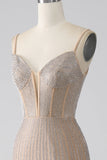 Champagne scintillant sirène spaghetti bretelles longue robe de bal avec fente