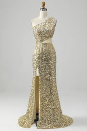 Robe de bal à paillettes à franges à une épaule dorée avec fente