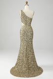 Robe de bal à paillettes à franges à une épaule dorée avec fente