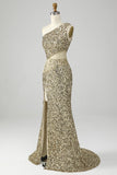 Robe de bal à paillettes à franges à une épaule dorée avec fente