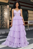 Violet princesse une ligne bretelles spaghetti Corset robe de bal avec volants Appliques