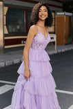 Violet princesse une ligne bretelles spaghetti Corset robe de bal avec volants Appliques