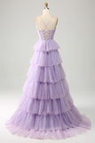Tulle lilas à plusieurs niveaux princesse Corset robe de bal avec Appliques
