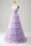 Tulle lilas à plusieurs niveaux princesse Corset robe de bal avec Appliques