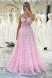 Pink A Line Tiered Sweetheart Long Corset Prom Dress