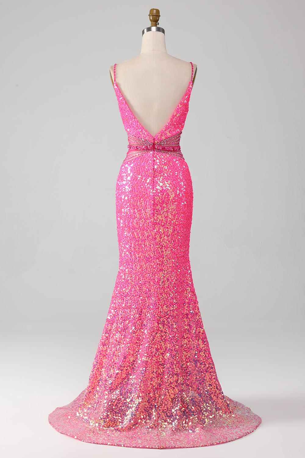 Hot Pink Spaghetti Straps Glitter sirène robe de bal avec perles taille