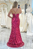 Glitter Fuchsia Sequins Mermaid Long Prom Dress With Slit