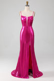 Robe de bal simple sirène rose vif scintillant avec fente