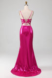 Robe de bal simple sirène rose vif scintillant avec fente