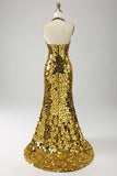 Sirène dorée licol col en V profond dos nu miroir robe de bal avec fente haute