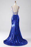 Robe de bal corset plissée à paillettes scintillantes sirène bleu royal avec fente